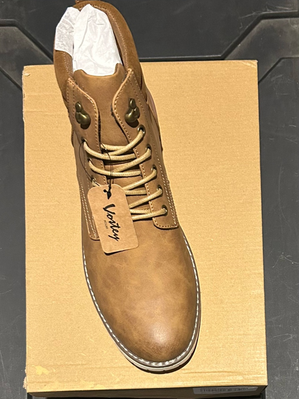 Vostey Men's Tan Lace-Up Work Boot with Metal Hooks